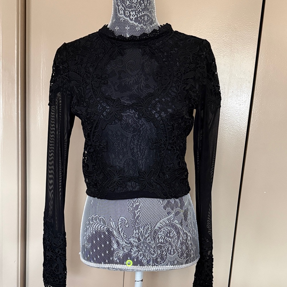 Women's Black Lace Long-Sleeve Sheer-Panel Top